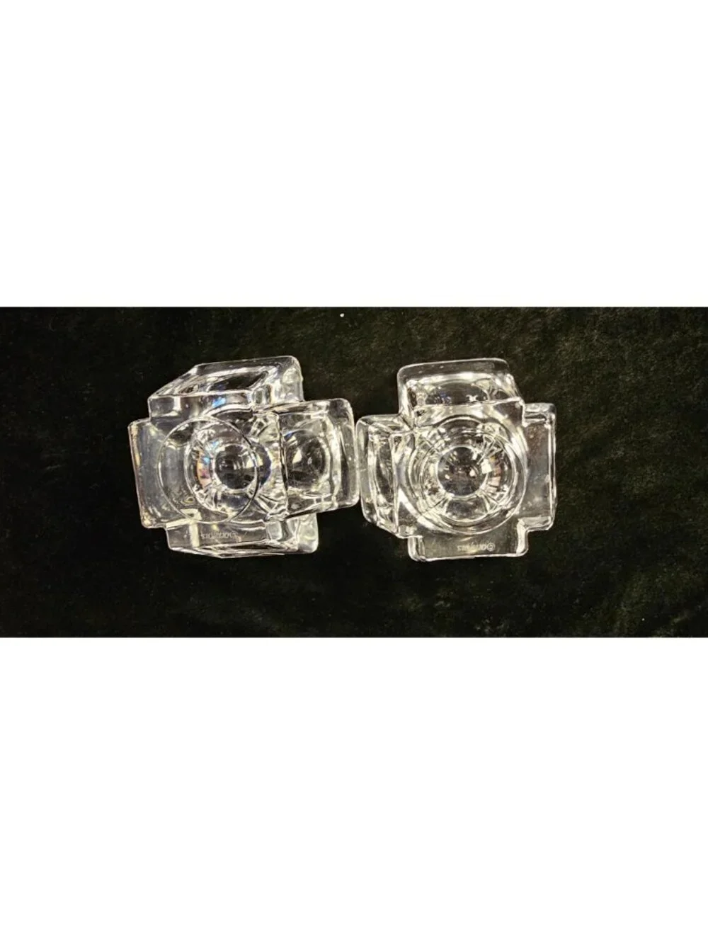 Pair Of Vintage Orrefors Sweden Crystal Candle Holders With Geometric Design 3.5